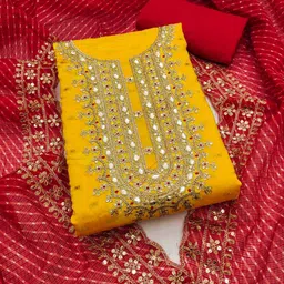 om international Unstitched Chanderi Salwar Suit Material Embroidered, Checkered image 1