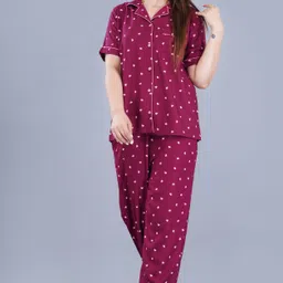 pradhruhe Women Shirt & Pyjama set Maroon Printed image 3