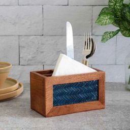 vareesha Acacia Wood Blue Chatai Four Part Cutlery cum Tissue Holder-picture-15