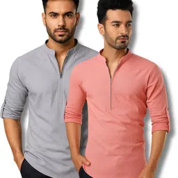 Pack of 2 Men Solid Pure Cotton Straight Kurta-image-87