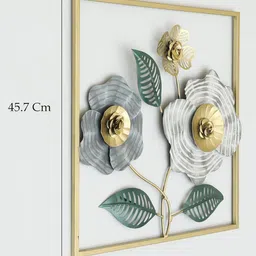 vedas W-Yamini Gold-Toned & Green Square Three Flower Wall Hanging image 2