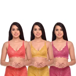 samvar Women Red,Yellow,Pink Net Bra Panty Set for Lingerie Set Undergarments Pack of 3-picture-12