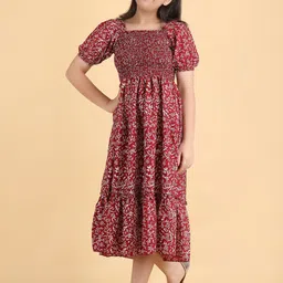 Pinly Floral Puff Sleeve Crepe Fit & Flare Midi Dress-picture-39