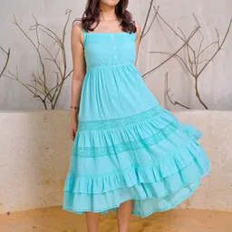 Peppinos Women Solid Sleeveless Tiered Cotton A-Line Midi Dress-picture-13