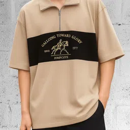 JUMPCUTS Men Graphic Printed Polo Collar Cotton Oversized T-shirt-image-5