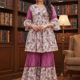 SZN Women Floral Printed Empire Kurta with Sharara & With Dupatta image 3