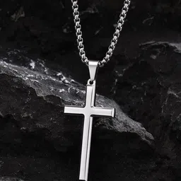 Peora Men Silver-Plated Stainless Steel Cross Pendant with Chain-picture-41