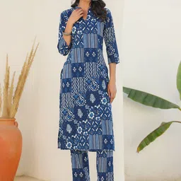 Janasya Ethnic Motifs Printed Mandarin Collar Pure Cotton Kurta With Trouser image 3