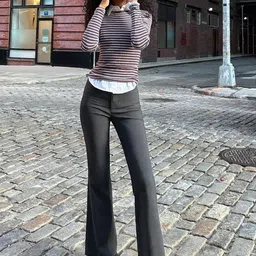 Bershka Women Textured High-Rise Bootcut Trousers-image-15