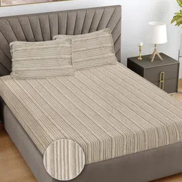FABINALIV Cream Striped 300 TC Woollen King Bedsheet Set 2.5m X 2.25m-image-26