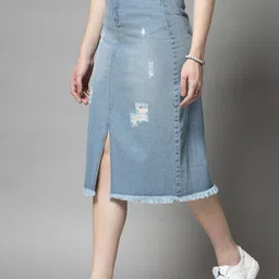 COSMIC TRIO A-Line Distressed Denim Midi Skirt image 3