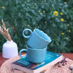 WEAVING HOMES Teal Blue Ceramic Glossy Wavy Mug-220 ml image 4