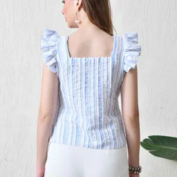 YANAMORA Women Square Neck Striped Flutter Sleeve Ruffles Cotton A-Line Top image 4