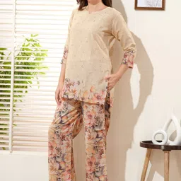 NIGHT FLOSS Floral Printed Notch Neck Three-Quarter Sleeves Linen Tunic & Trousers-image-66