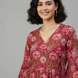 DIGITAL SHOPEE Floral Printed V-Neck Flared Sleeves Pure Cotton Angrakha Kurti image 4