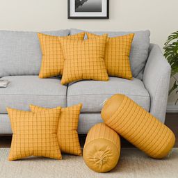 RUBOXA Mustard Set of 7 Checked Square Cushion Covers-picture-2