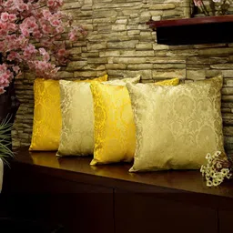 RoyalDeco Gold Toned & Yellow 4 Pieces Embroidered Brocade Silk Square Cushion Covers-picture-29