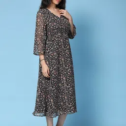 HERE&NOW Women Floral Printed Georgette A-Line Midi Dress image 3