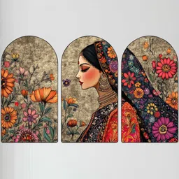 Myntra Elegant Homes Set OF 3 MDF Traditional Indian Woman with Floral Background Wall Art image 4