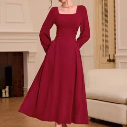 KPOP Women Square Neck Lace-Up Detail Fit and Flare Maxi Dress-image-13