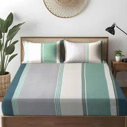 WEAVE AND DECOR Green & Grey Striped Pure Cotton 300 TC Queen Bedsheet Set 1.82 x 1.82 m-image-43