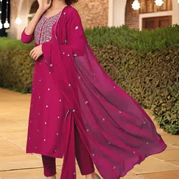 KALINI Floral Embroidered Thread Work Round Neck Straight Kurta With Trousers & Dupatta-picture-14