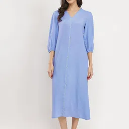 Pink Fort Women Rayon Solid Buttoned Midi Dress Blue image 2