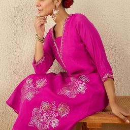 Indo Era Embroidered V-Neck A-Line Tunic With Trousers Co-Ords-picture-29