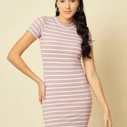 VANGULL Women Striped Ribbed T-shirt Dress-image-9