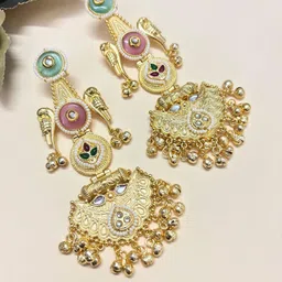VIVAZS Gold-Plated Artificial Stones Studded & Beaded Circular Shaped Drop Earrings-picture-42