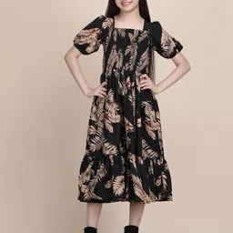 Pinly Tropical Print Puff Sleeve Crepe Fit & Flare Midi Dress-picture-40