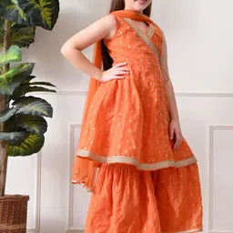 Indi-Loom Couture Girls Ethnic Motifs Printed Angrakha Kurta with Sharara & With Dupatta image 3