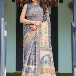 ALMAARI FASHION Ethnic Motifs Printed Pure Cotton Banarasi Saree & Unstitched Blouse Piece-picture-23