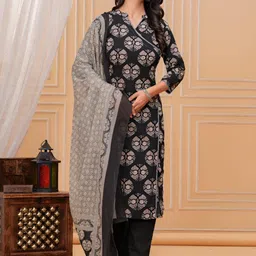 AFFO Ethnic Motifs Printed V-Neck Pure Cotton Straight Kurta With Trousers & Dupatta image 4