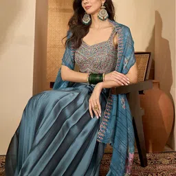 Sangria Floral Embroidered Satin Zari Drape Lehenga & Choli With Shrug image 3