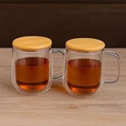 TASKHOUSE Transparent & Brown 2 Pieces Glass Dishwasher Safe Mugs 250ml With Wooden Lid-picture-25
