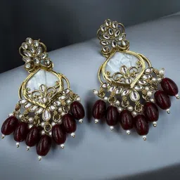 JUHI COLLECTION Women Maroon & Gold-Plated Kundan Studded Alloy Drop Earrings-picture-30