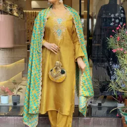 S.K.C Floral Yoke Design Thread Work Straight Kurta With Trousers & Duppatta-picture-13