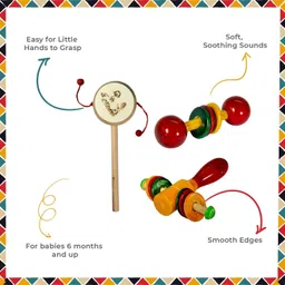 little ginnie Wooden Rattle Set of 3 | Ring Dhapli Dumble Rattle For Age 6+ Months Babies Rattle image 4