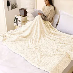HOKIPO Cream-Coloured Geometric Fleece AC Room 220 GSM Reversible Double Bed Blanket-image-21