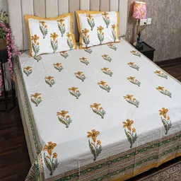 Hawamahal White & Green Floral Printed 350 TC Cotton King Bedsheet Set 2.75 m x 2.75 m-picture-22