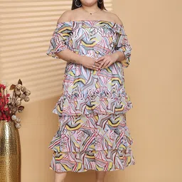 theRebelinme Women Plus Size Printed Off-Shoulder Layered A-Line Midi Dress image 1