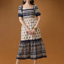 Globus Women Square Neck Puff Sleeves Ethnic Print Smocked Tiered Fit & Flare Midi Dress-image-80