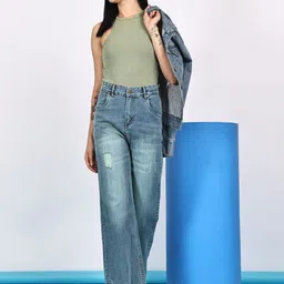 Mast & Harbour Women Straight Fit High-Rise Mildly Distressed Light Fade Stretchable Jeans image 2