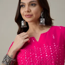 House of Pataudi Embroidered Mirror Work Notch Neck Pure Cotton A-Line Kurta With Trouser image 5