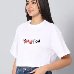 Besick Typography Printed Round Neck Drop-Shoulder Sleeves Cotton Oversized Crop T-shirt image 4