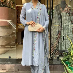 Moda Rapido Floral Embroidered V Neck A Line Kurta With Trousers & Dupatta image 5