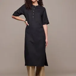 Popnetic Band Collar Roll-Up Sleeves Straight Kurta image 3