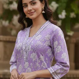 OZIA Women Floral Printed Regular Pure Cotton Kurta with Palazzos image 3