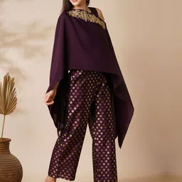 Globus Purple Round Neck Top & Palazzo With Poncho image 4